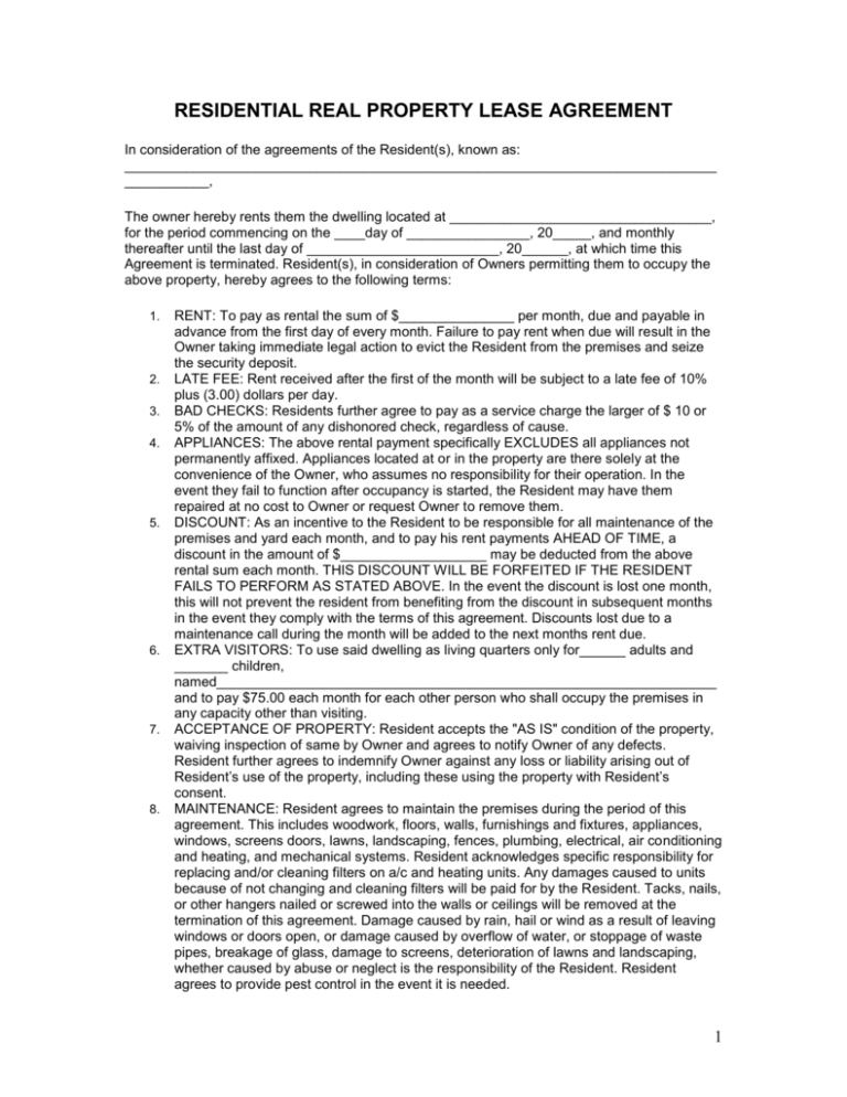 RESIDENTIAL REAL PROPERTY LEASE AGREEMENT