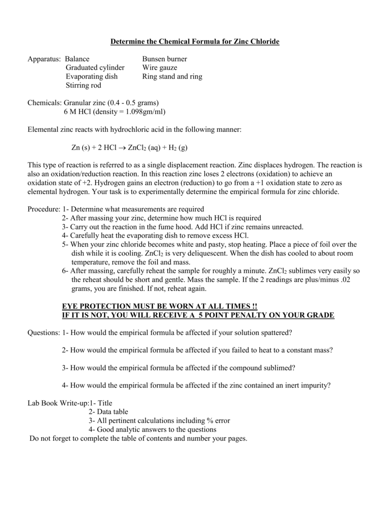 zinc chloride experiment lab report