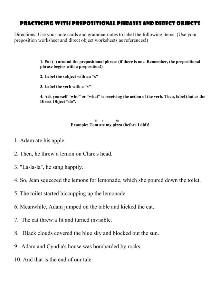 Direct Objects And Prepositional Phrases Worksheet