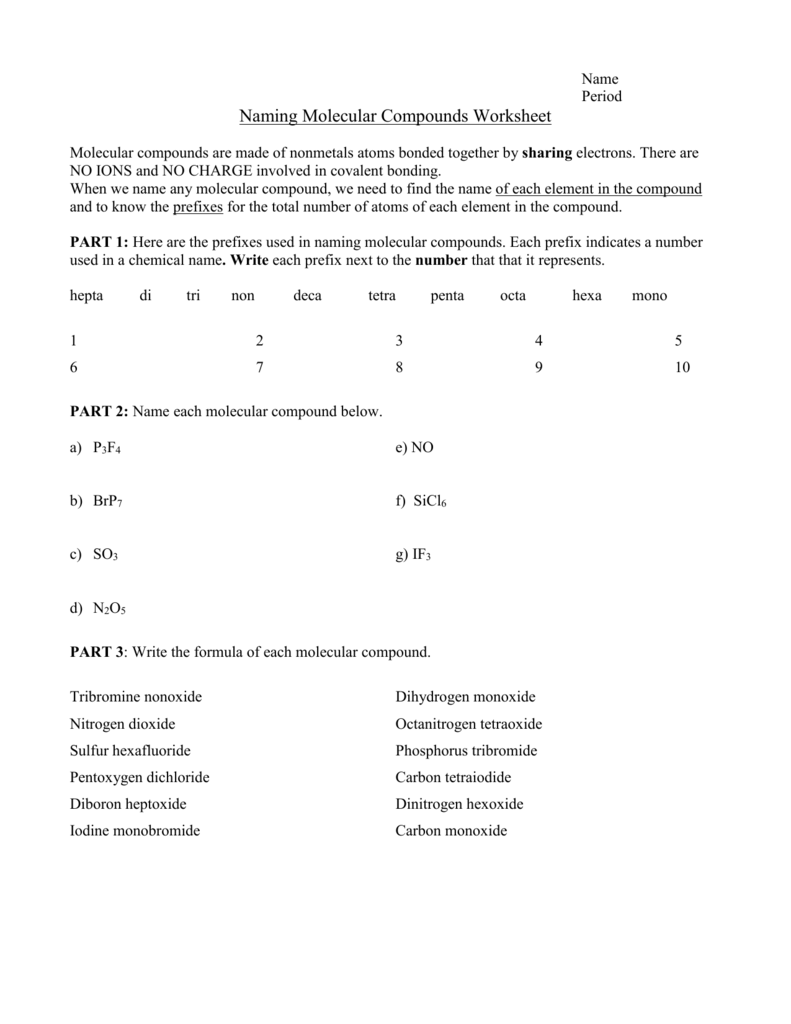 Naming Molecular Compounds Worksheet