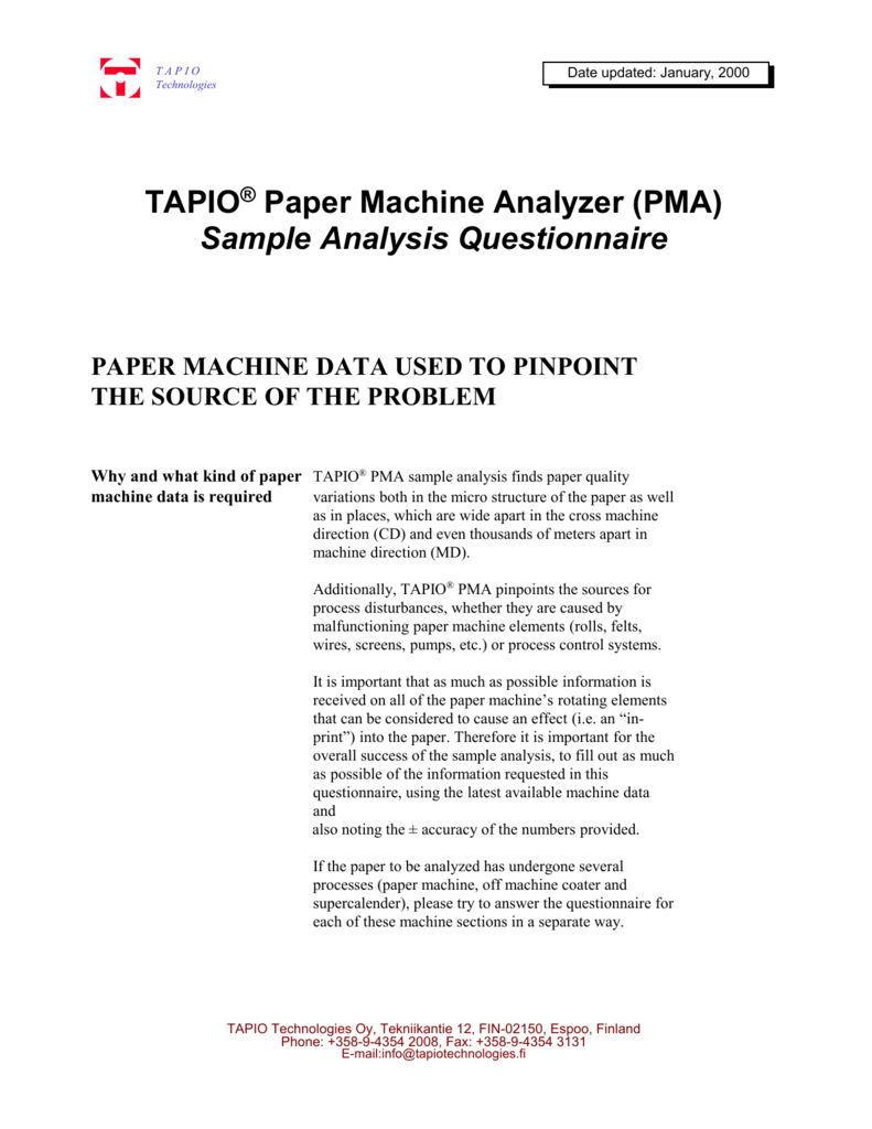 TAPIO® PMA Machine Data Questionnaire for Sample Analysis