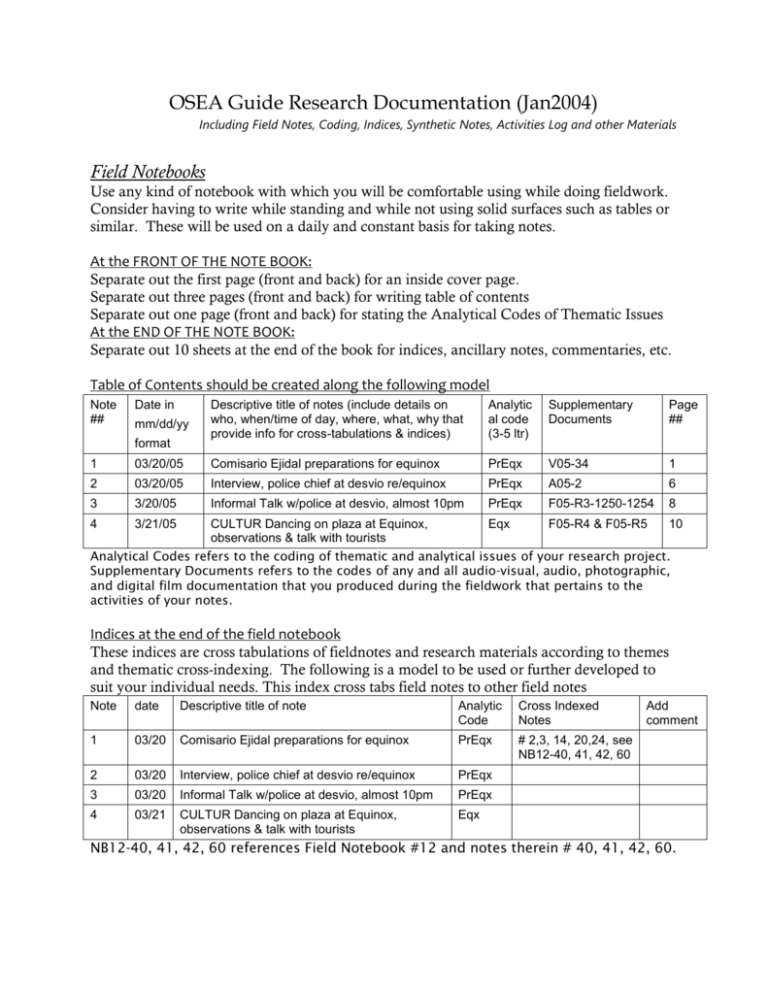 Guide to Writing Fieldnotes & Archival Documentation - OSEA-CITE