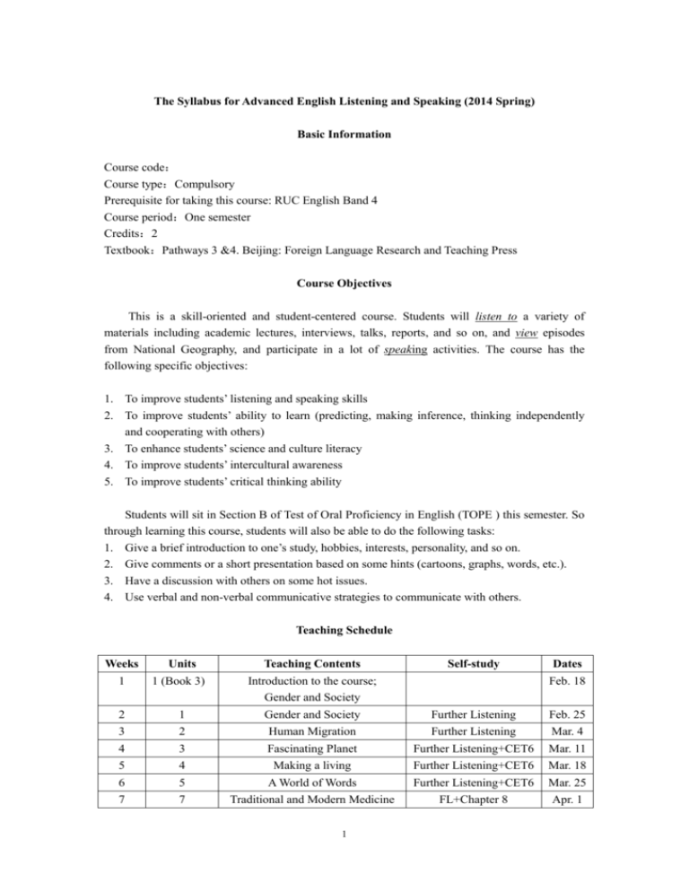 Syllabus For Advanced English Listening And Speaking