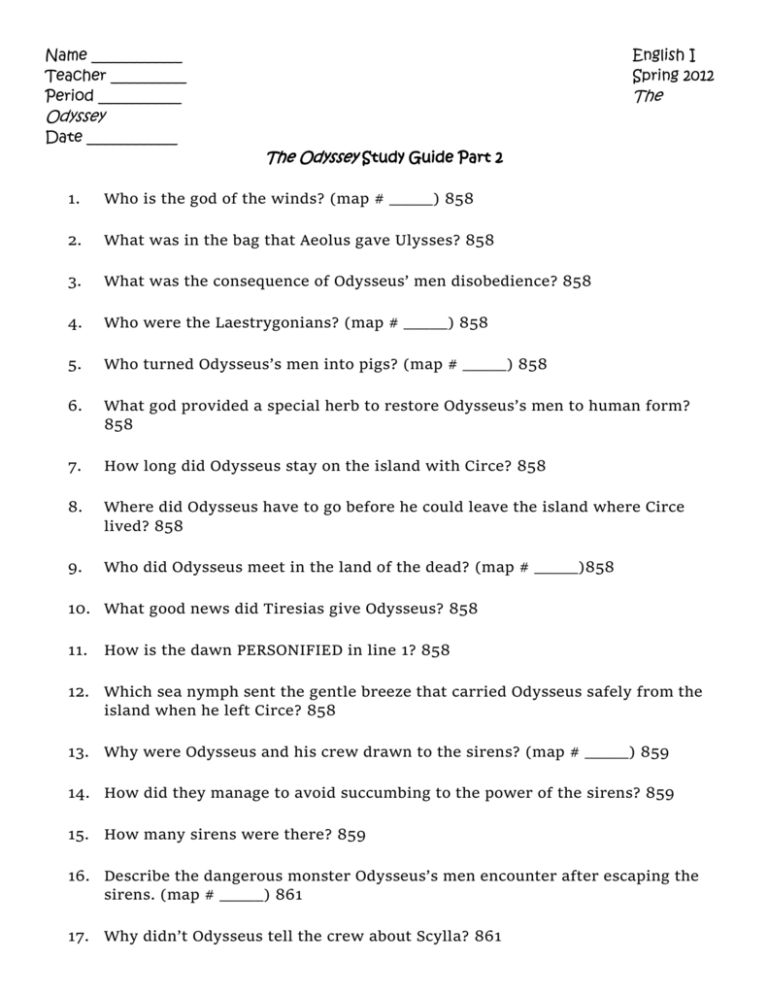 Study Guide Part 2 The Odyssey Study Guide Part 2 The Odyssey