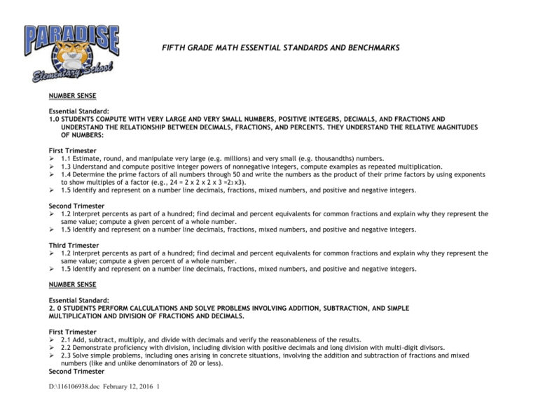 Fifth Grade Math Essential Standards And Benchmarks