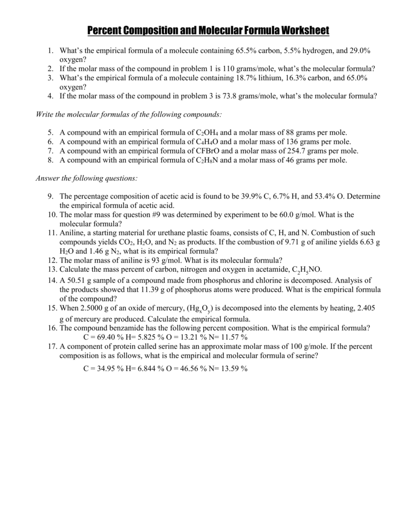 Percent Composition and  Molecular Formula Worksheet Regarding Percent Composition Worksheet  Answers