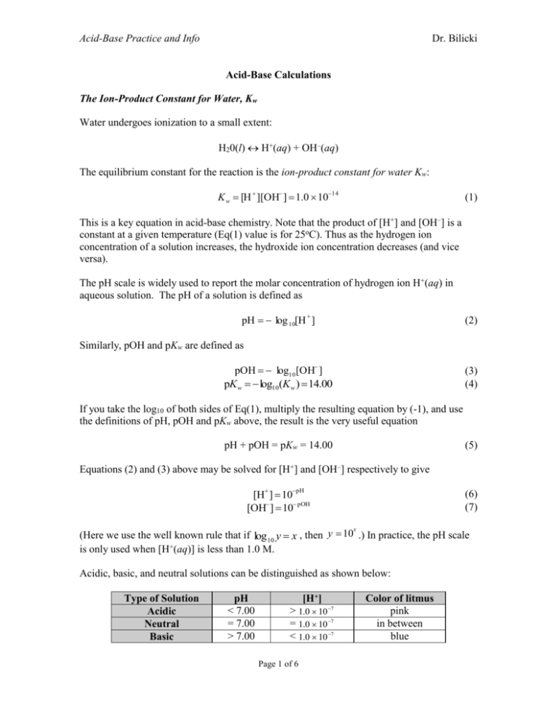 Acid Base Info And Practice Problems