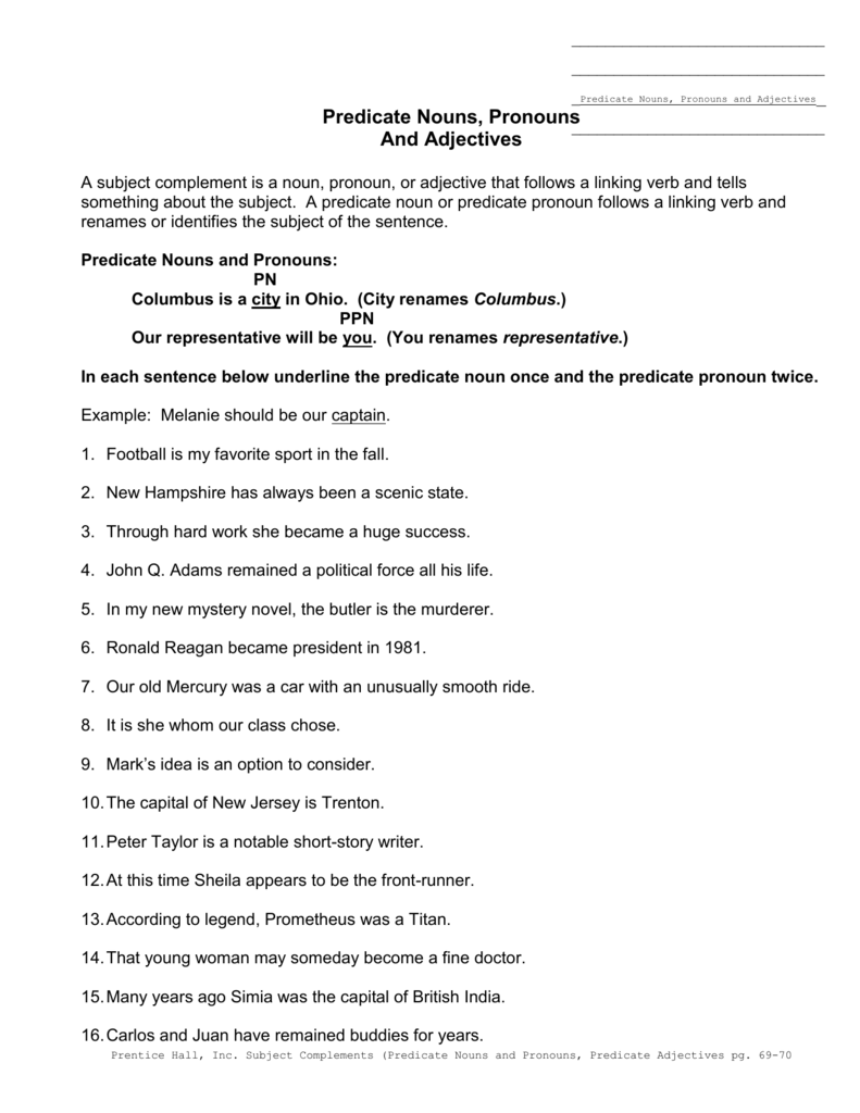 Predicate Nouns Worksheet Pdf