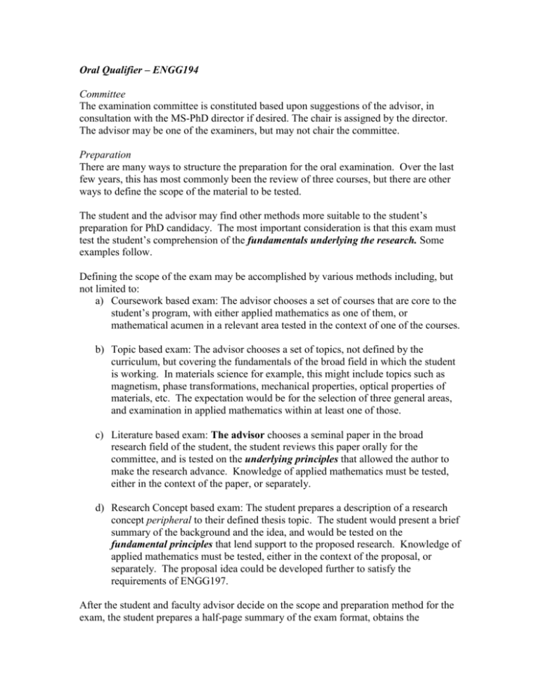 Oral Qualifier – details and examples