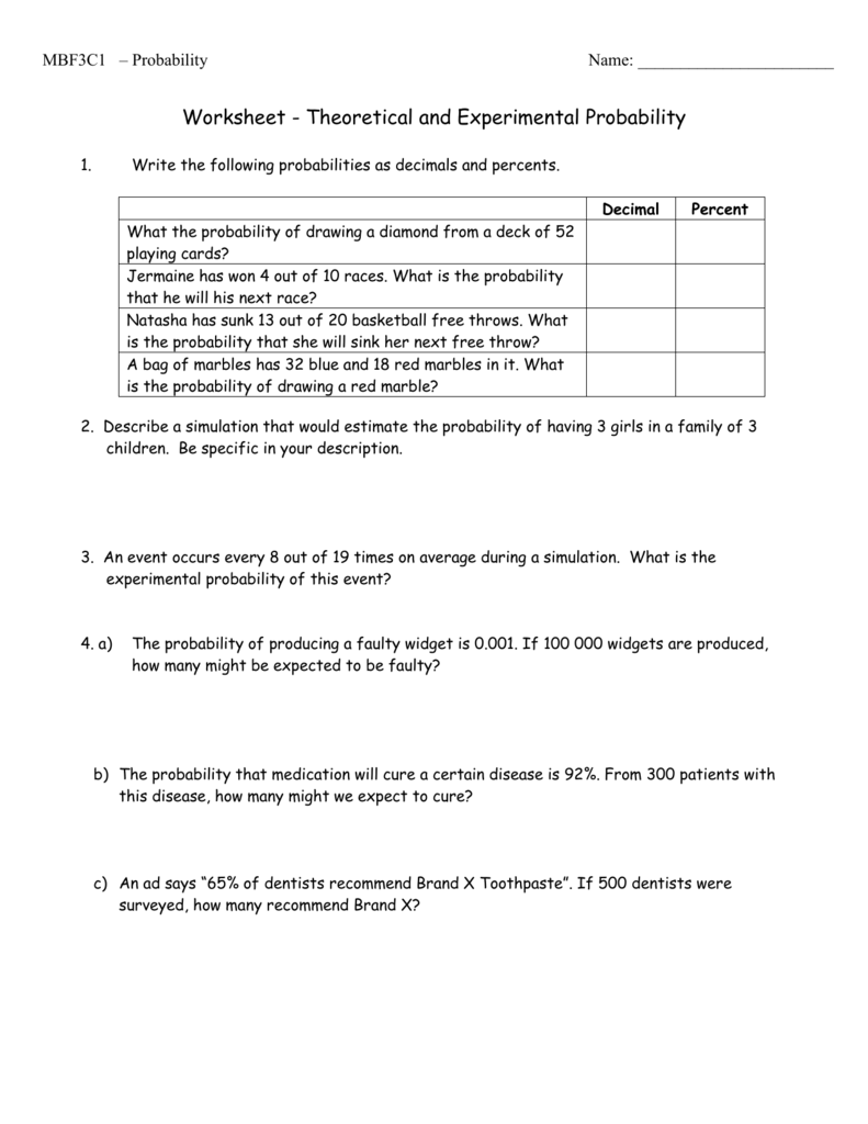 Theoretical and Experimental Probability Inside Theoretical And Experimental Probability Worksheet