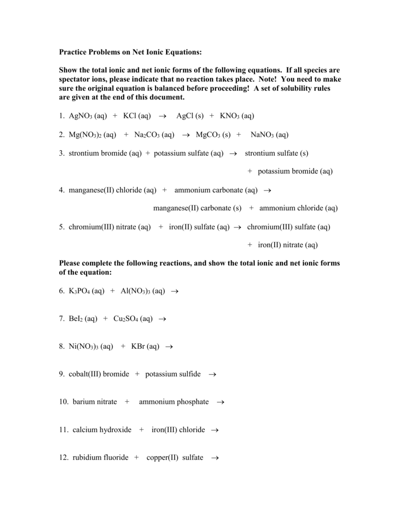 practice problems net ionic equations