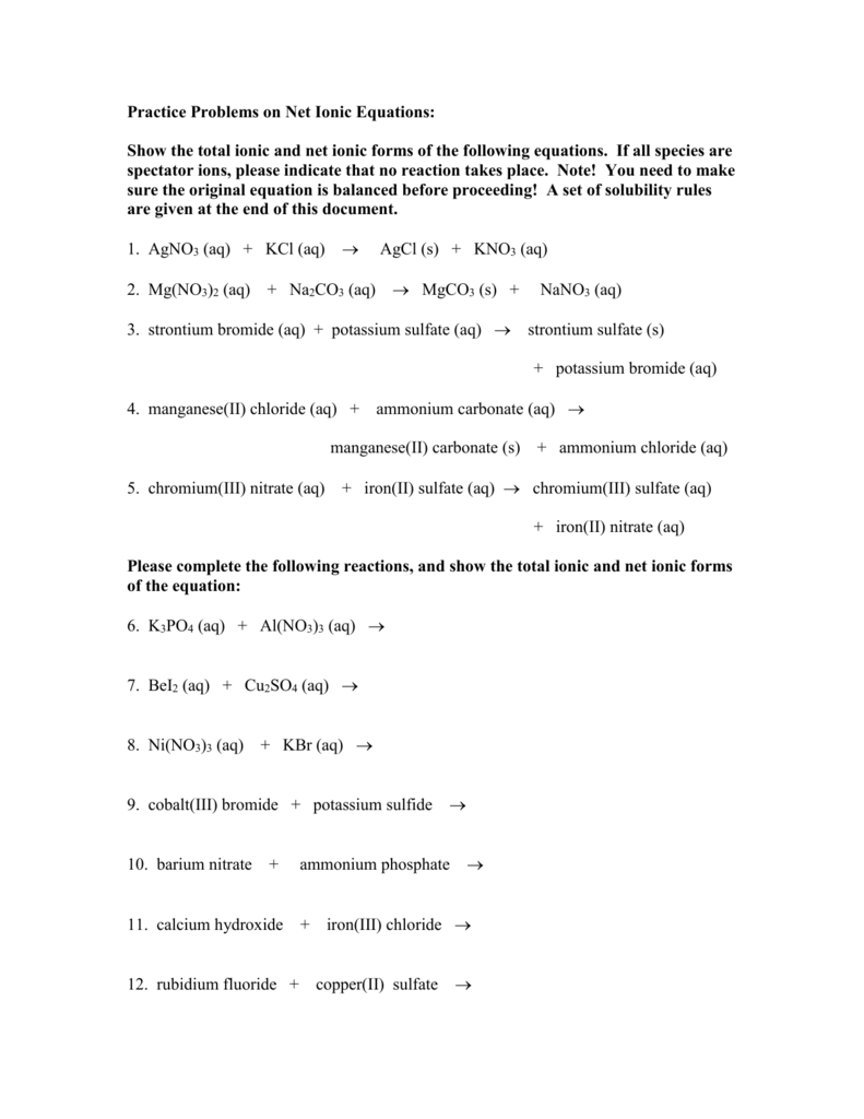 Practice Problems On Net Ionic Equations 