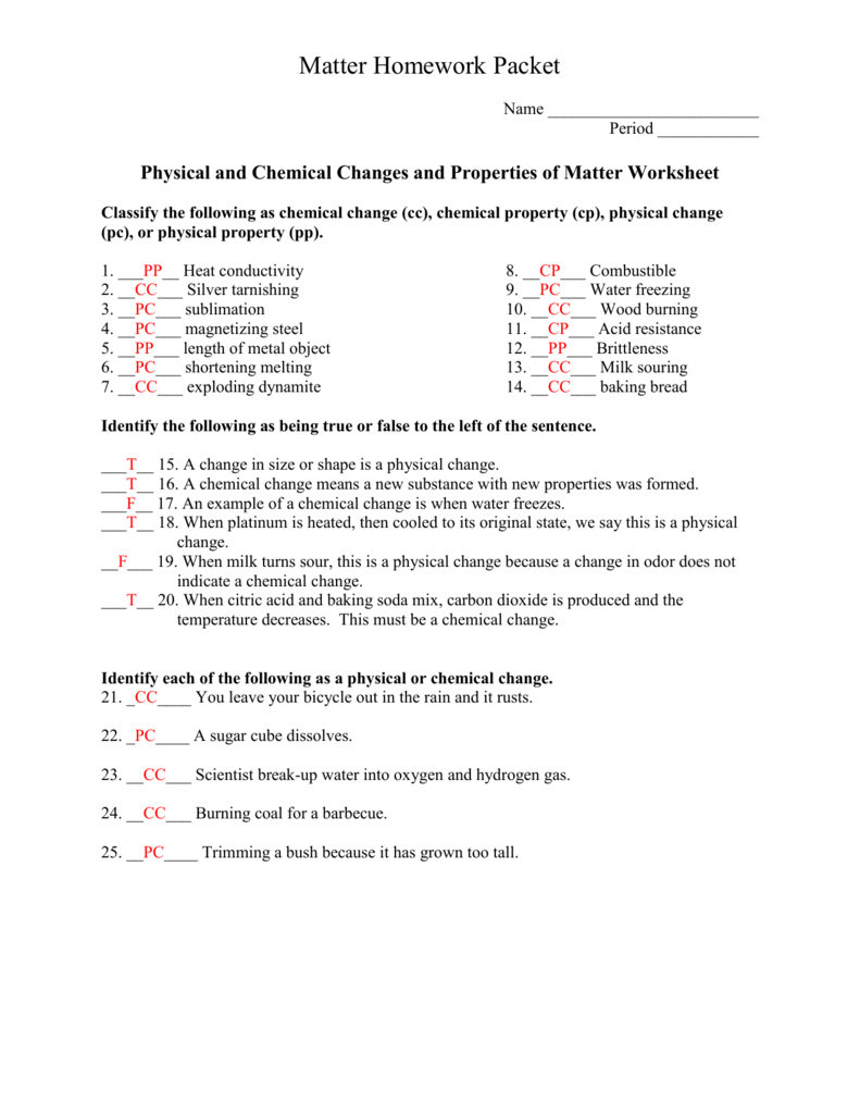 Matter Homework Packet_KEY Inside Chemistry Worksheet Matter 1 Answers