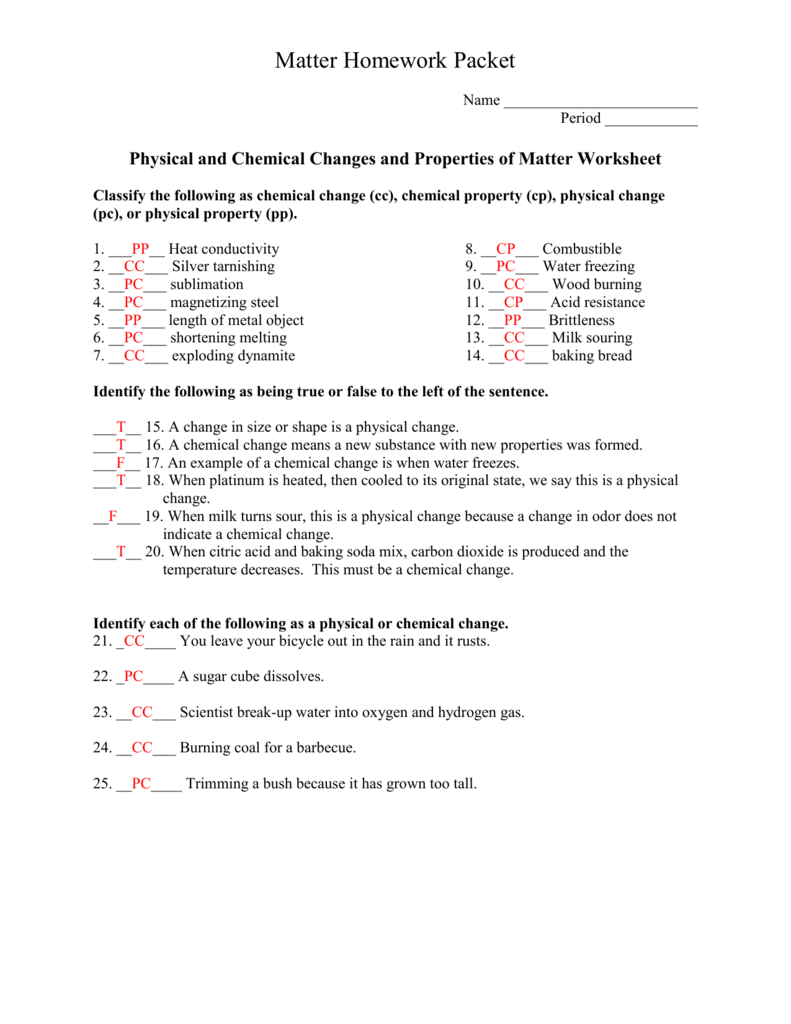 Matter Homework Packet_KEY For Physical Properties Of Matter Worksheet