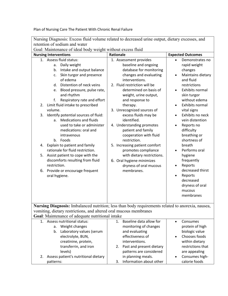 Plan Of Nursing Care The Patient With Chronic Renal Failure