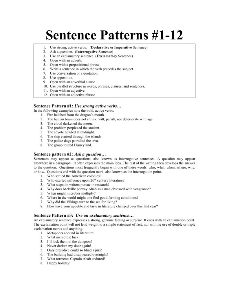 Sentence Pattern Worksheet With Answers