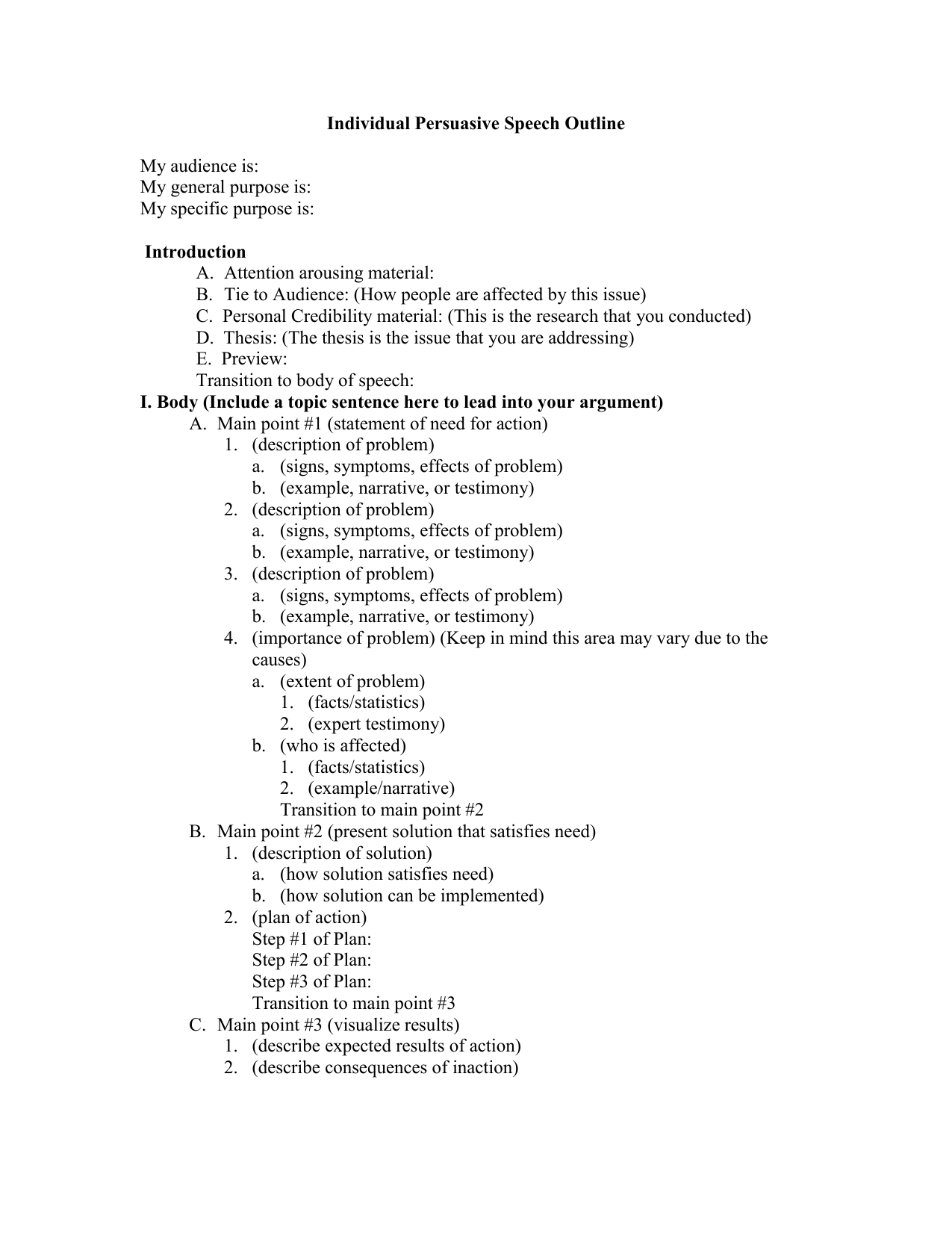 Individual Persuasive Speech Outline