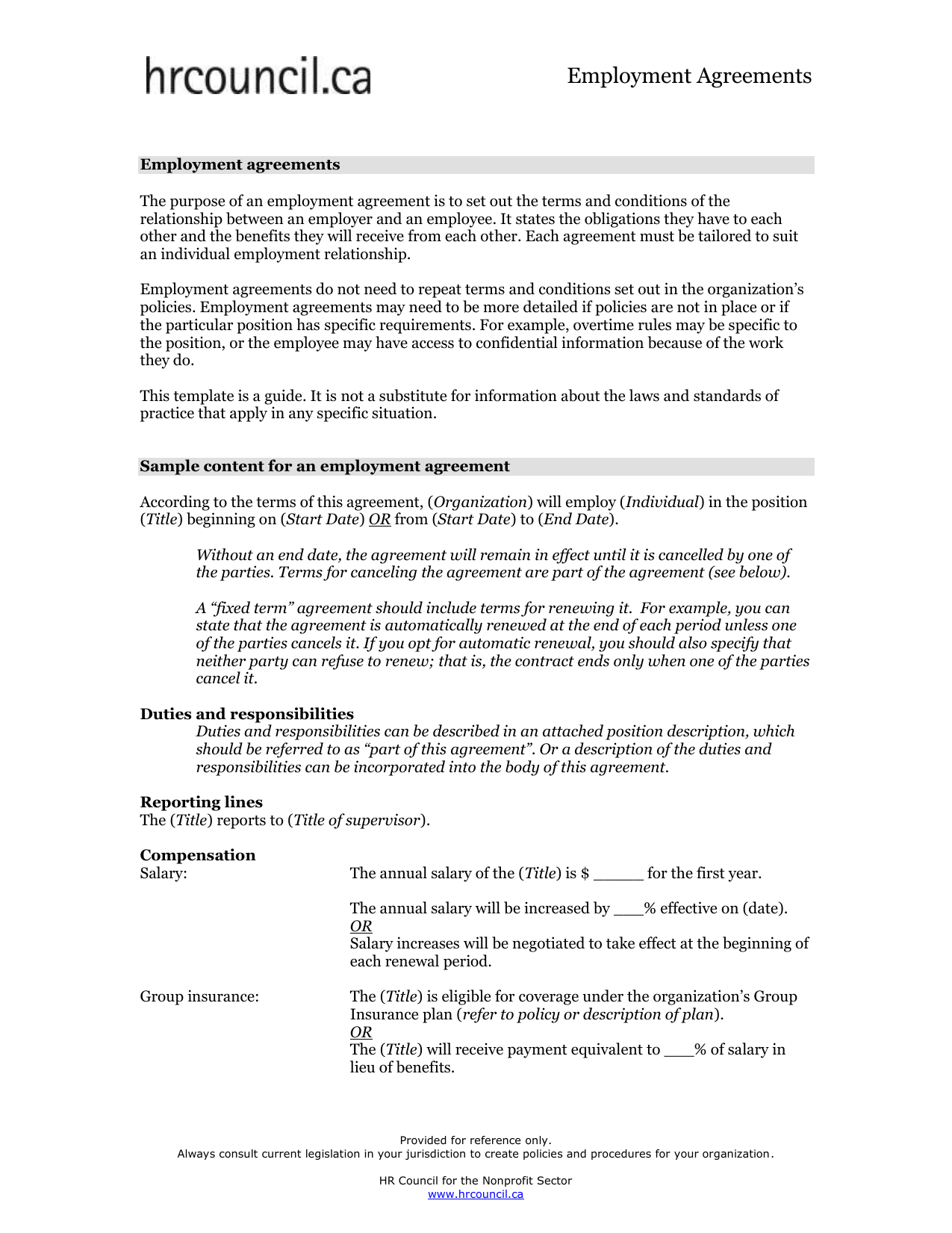 Employment Agreement Template - HR Council for the Nonprofit Inside overtime agreement template