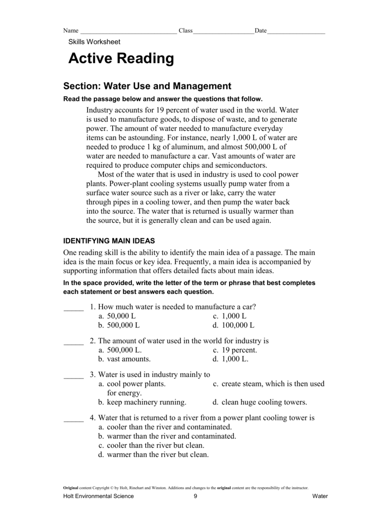 Active Reading: Water Use and Management For Skills Worksheet Active Reading