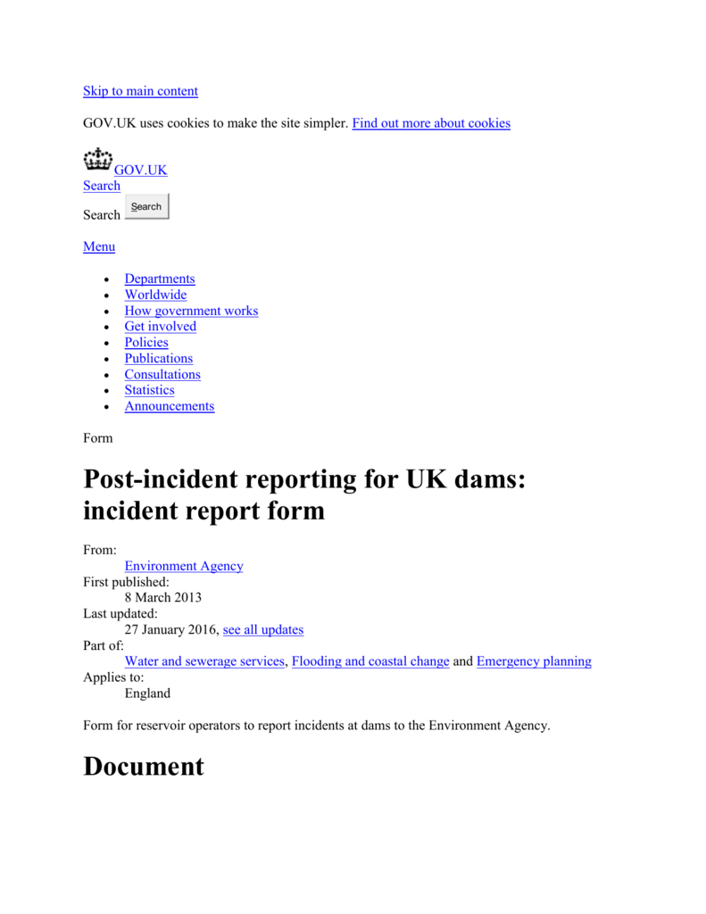 Post-incident reporting for UK dams: incident report form Pertaining To Incident Report Template Uk