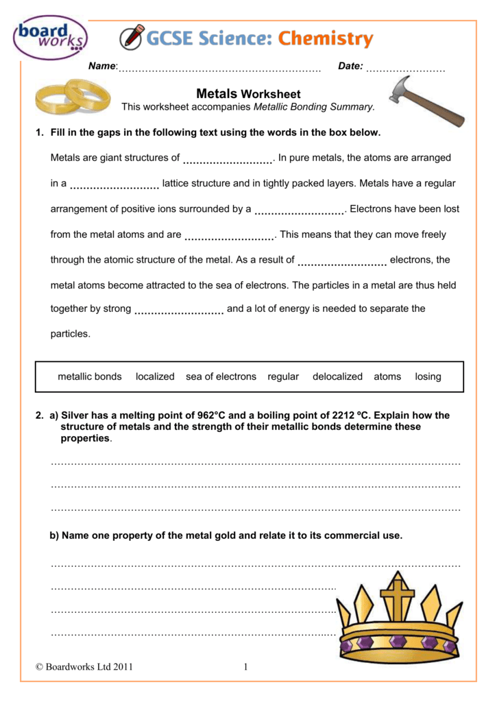 Metallic Bonding Worksheet With Answers Promotiontablecovers