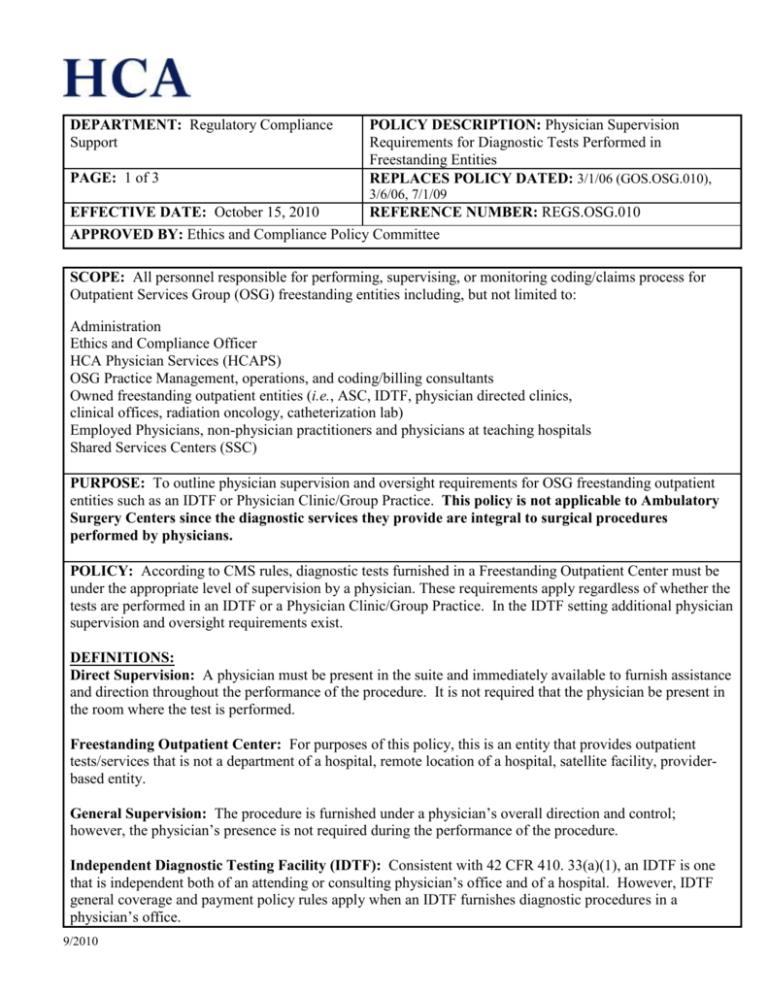 Physician Supervision Requirements for Diagnostic Tests Performed