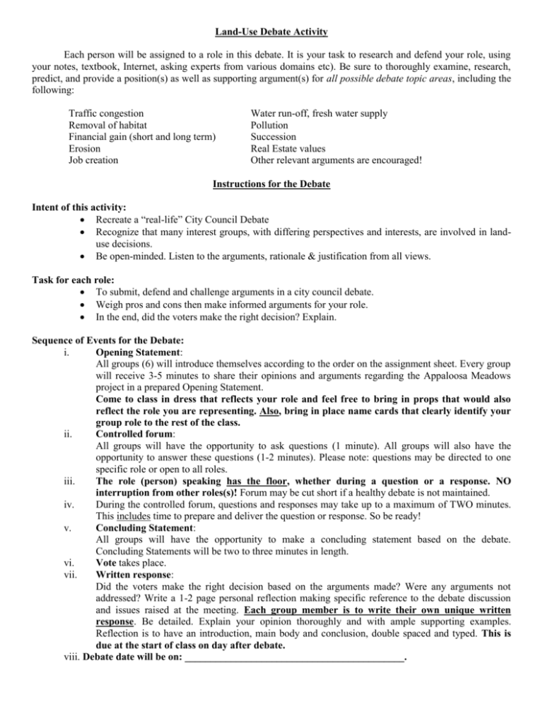 Debate Activity Appaloosa Land Use