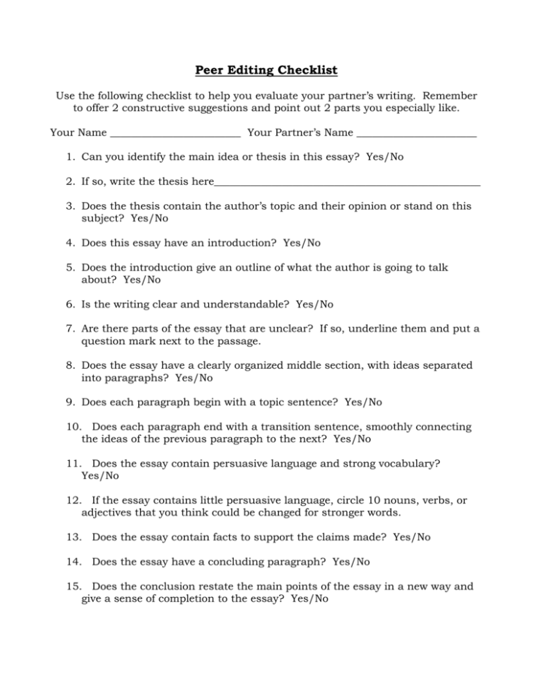 peer editing checklist essay