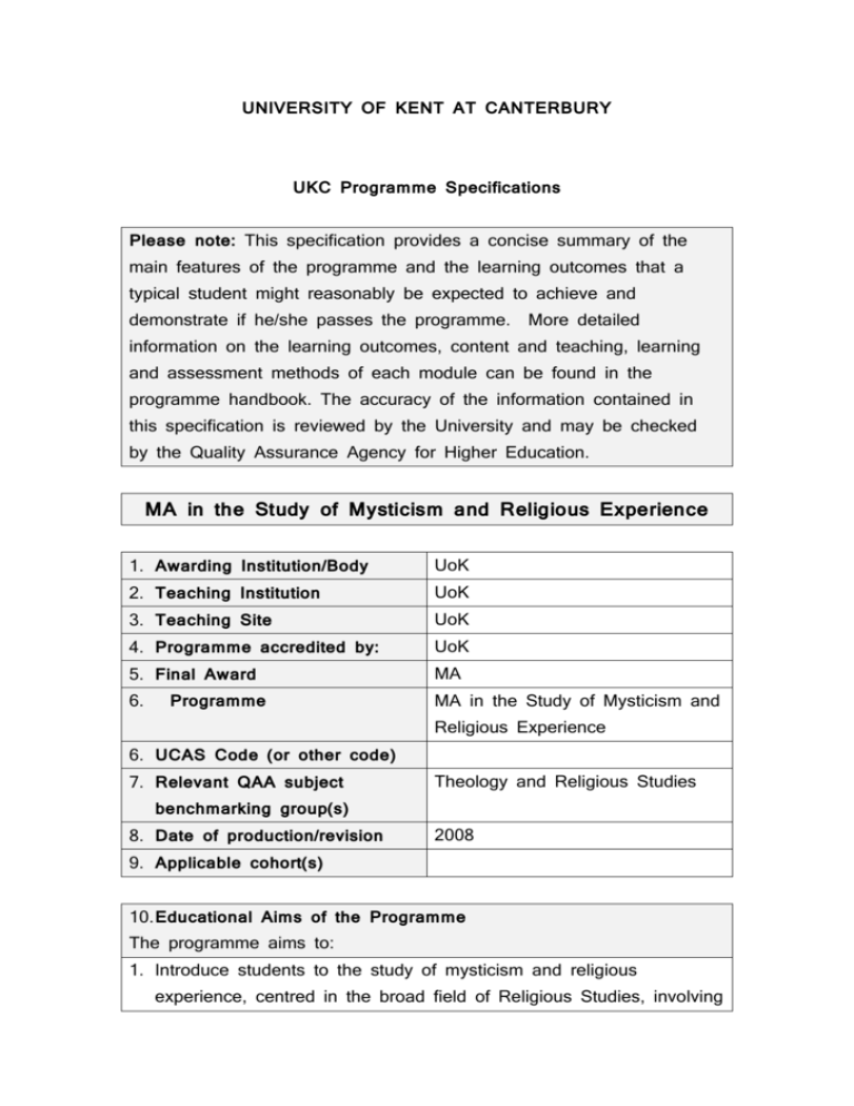UKC Programme Specifications UKC Programme Specifications
