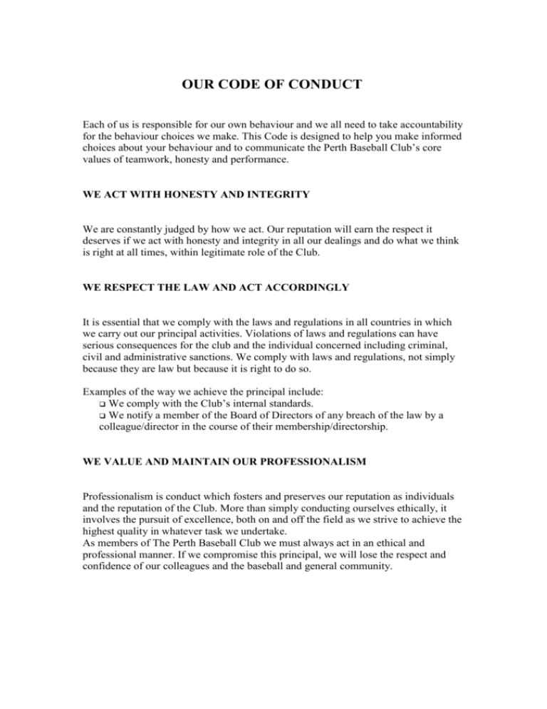 OUR CODE OF CONDUCT - Perth Baseball Club