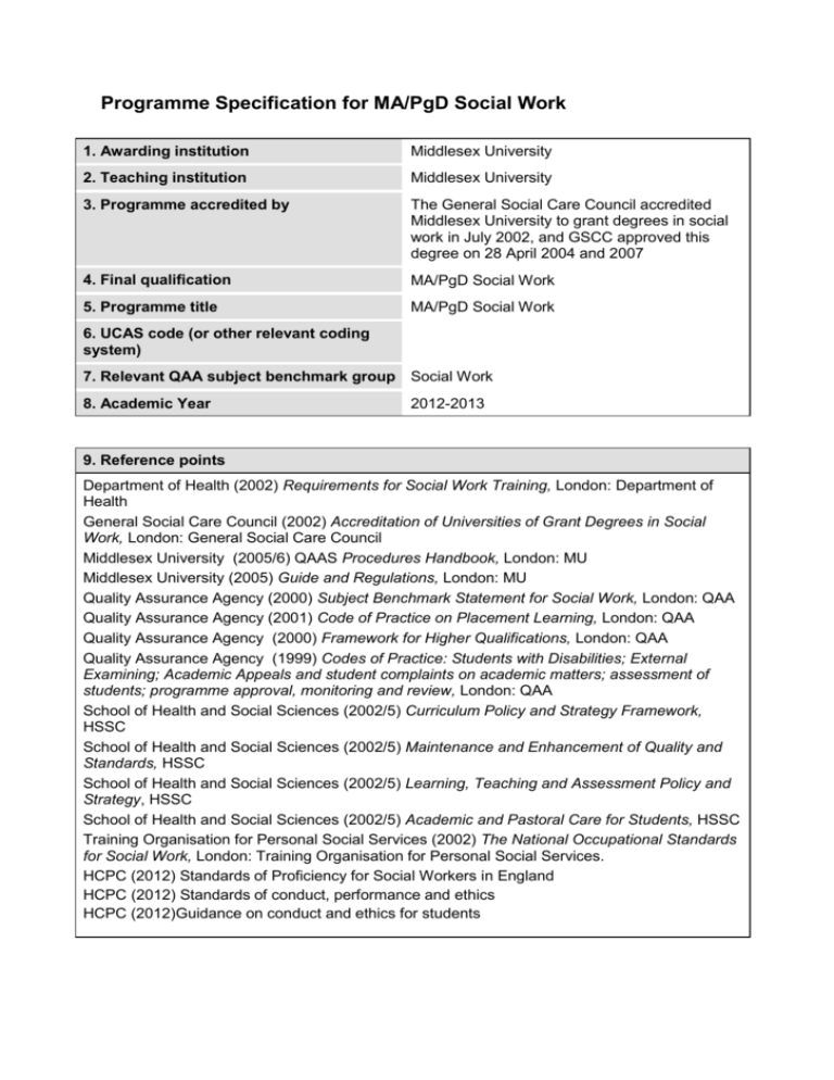 Programme Specification for MA/PgD Social Work 1. Awarding