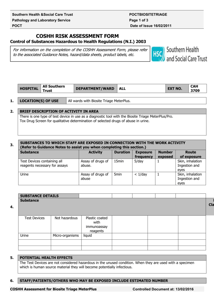 Coshh Risk Assessment Form 