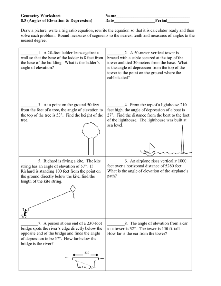Angles Of Elevation And Depression Worksheet With Answers Pdf