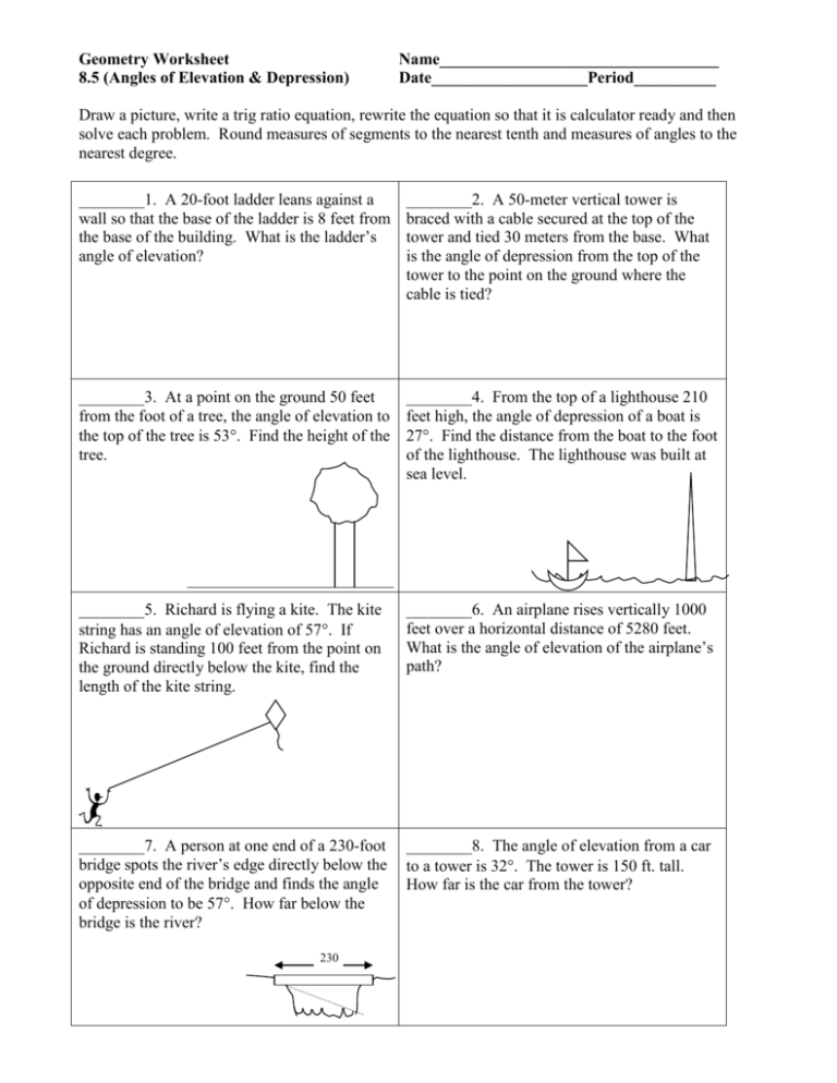 Angle Of Elevation And Depression Worksheet Jiveinspire