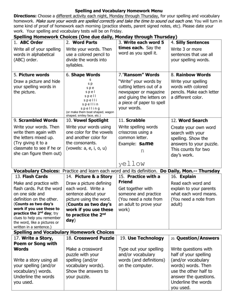 vocabulary homework menu directions