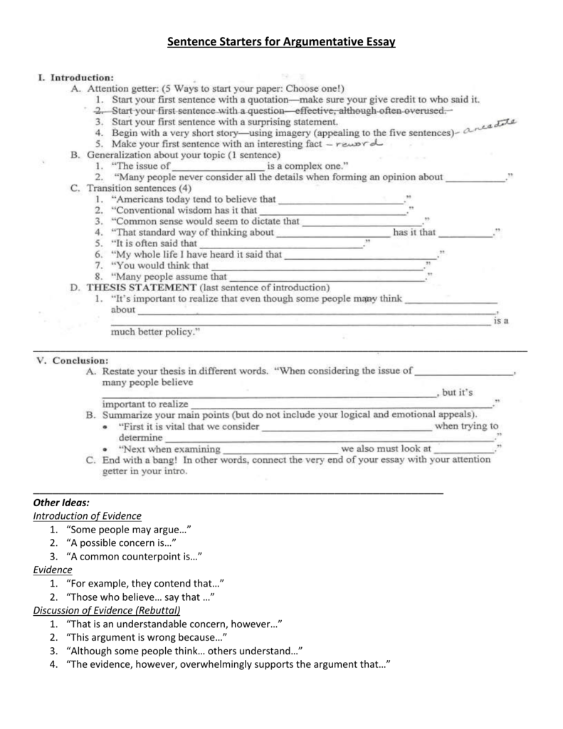 sentence starters for argument essays