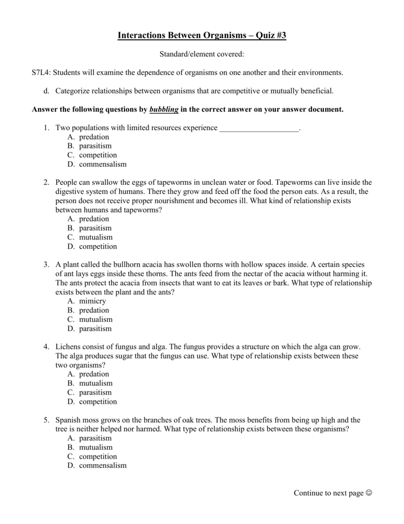 Symbiotic Relationships Worksheet Answers