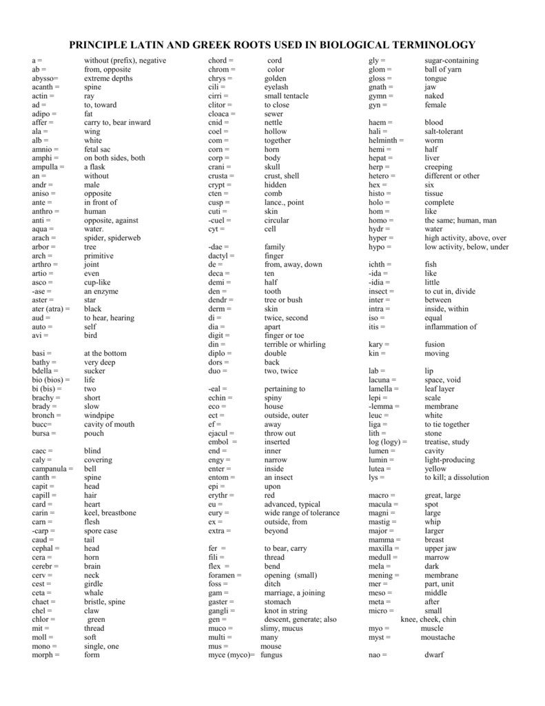 principle latin and greek roots used in biological terminology