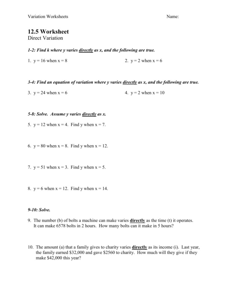 Direct Variation Worksheet Answers