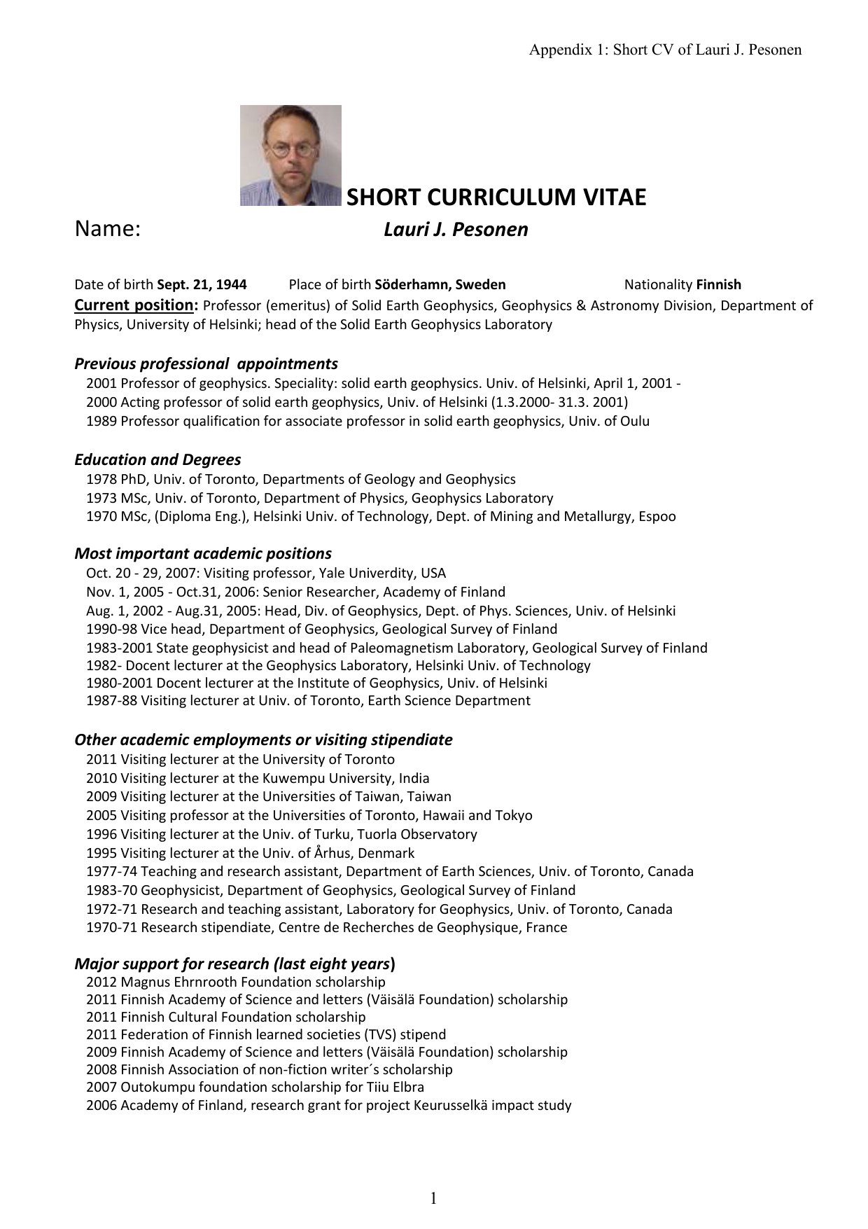 SHORT CURRICULUM VITAE CV Lauri J