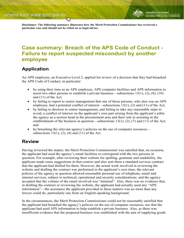 case-summary-breach-of-the-aps-code-of-conduct