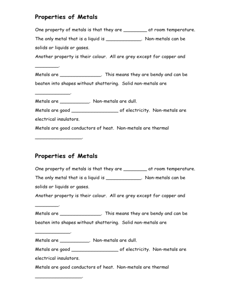 Properties of Metals Cloze