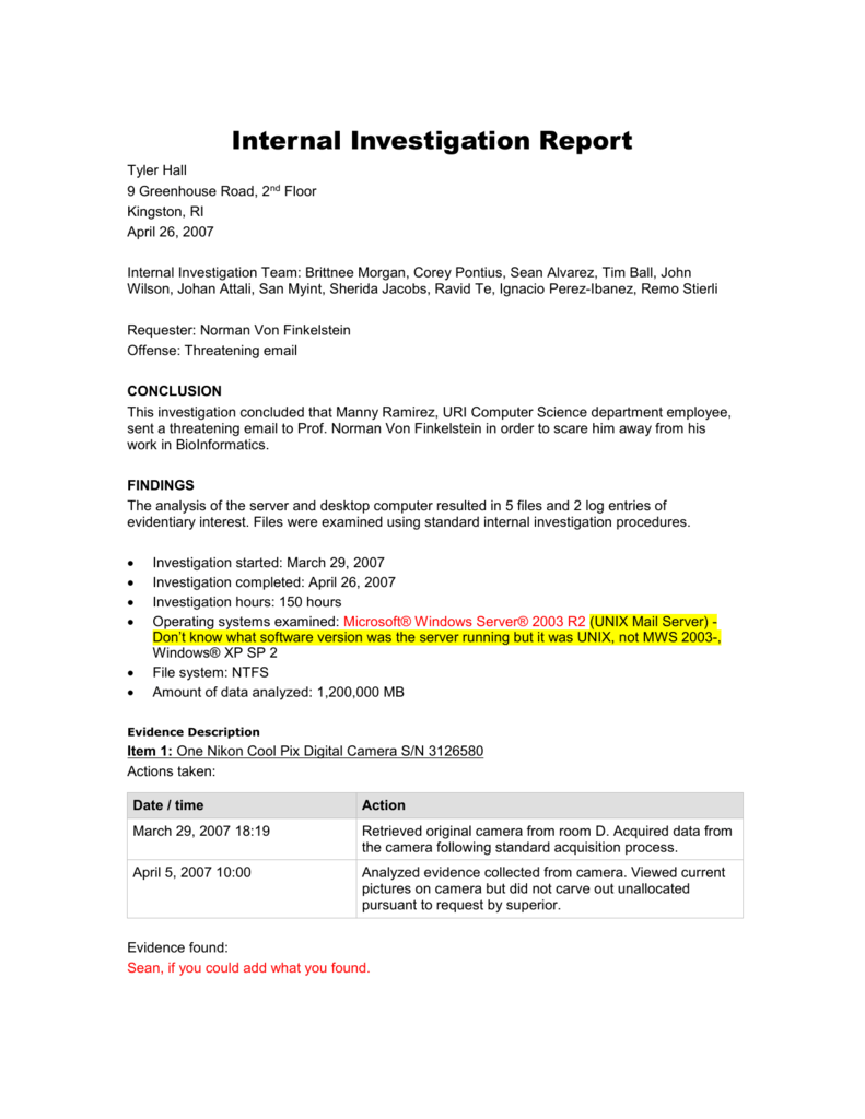  Internal Investigation Report Template 