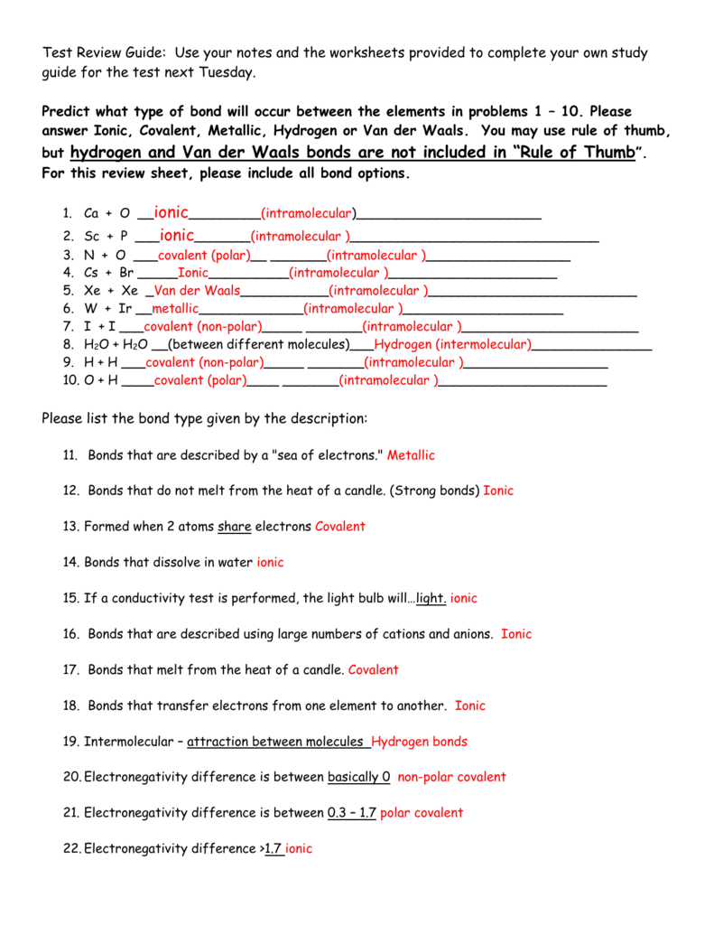 Unit 21 Bonding Review Guide Answers Pertaining To Chemical Bonding Worksheet Answers