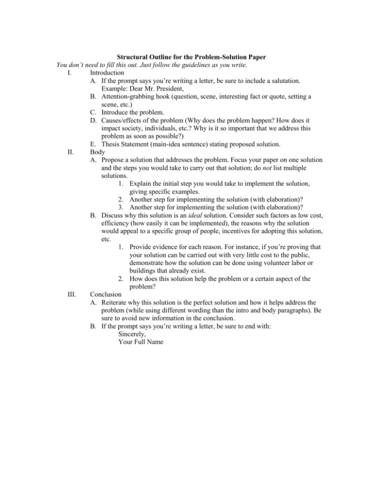 outline for a problem solution essay