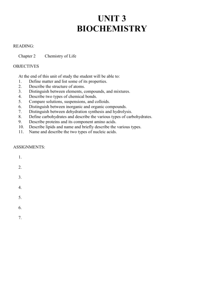 Unit 3 Biochemistry Reading Chapter 2 Chemistry Of Life