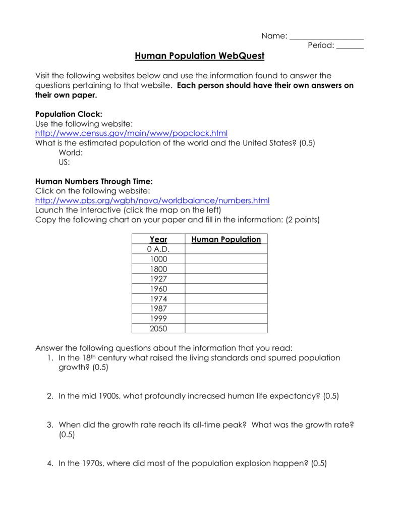 Human Population Webquest Worksheet Answer Key Pdf