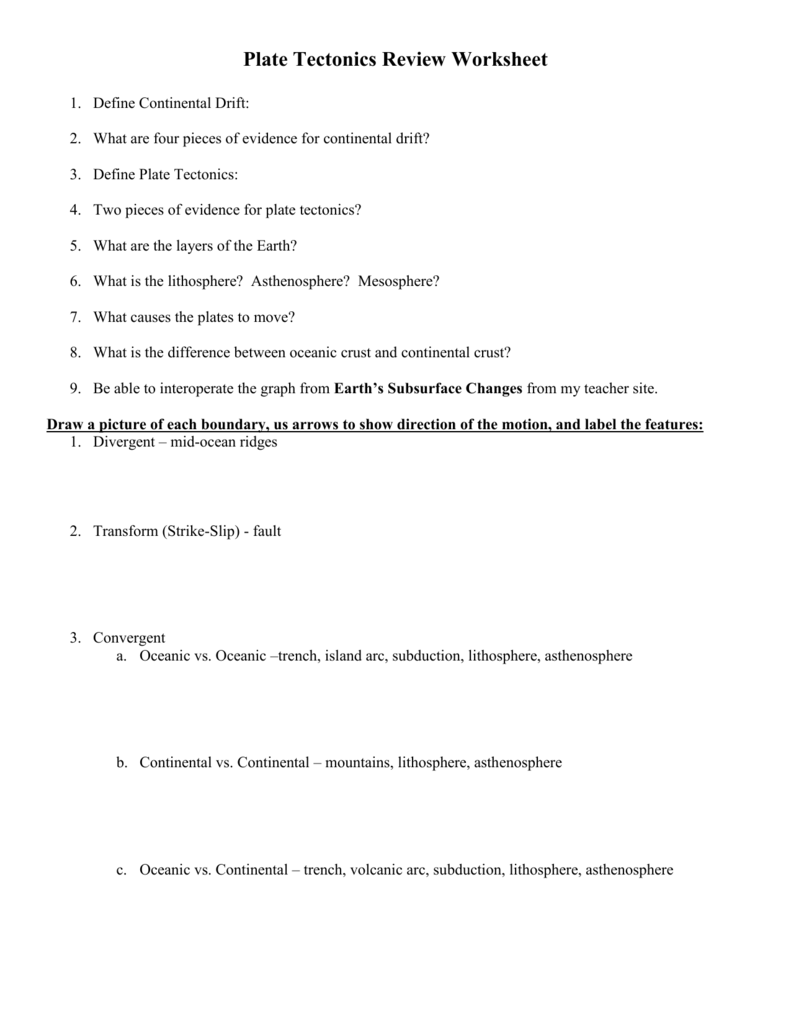 Plate Tectonics Review Worksheet Within Plate Tectonic  Worksheet Answers