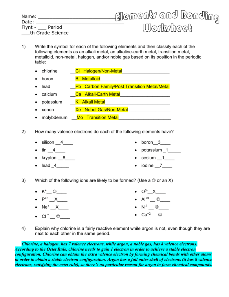 Elements and Bonding Worksheet For Valence Electrons Worksheet Answers