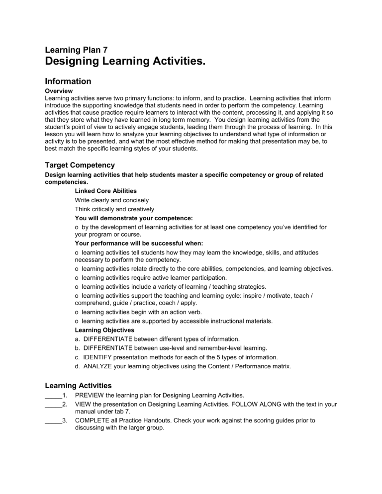 Learning Plan 7 Designing Learning Activities Information Overview